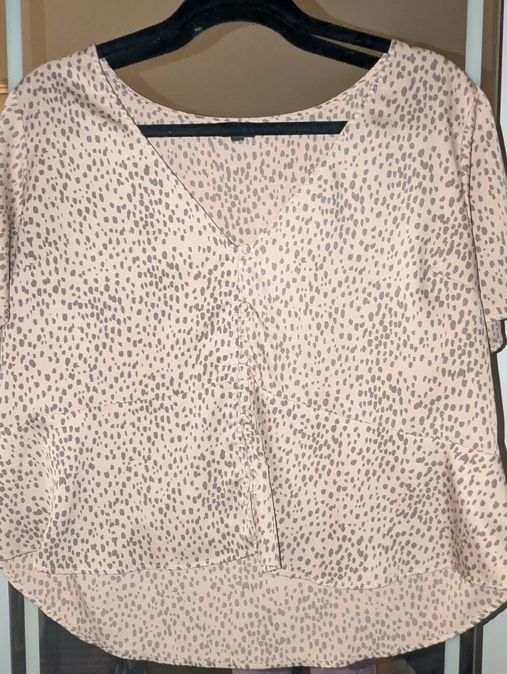 Express Blush Pink Dot Print V-Neck Button Front Blouse